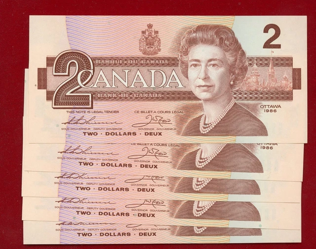 CANADA BIRD SERIES 5 X 1986 $2 NOTES BC-55B-i CRISP UNC THIESSEN/CROW EGN PREFIX