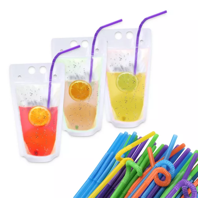 100PCS Reusable Drink Pouches Bags w/Straws Stand-Up Zipper Lock Cold&Hot Drinks 2