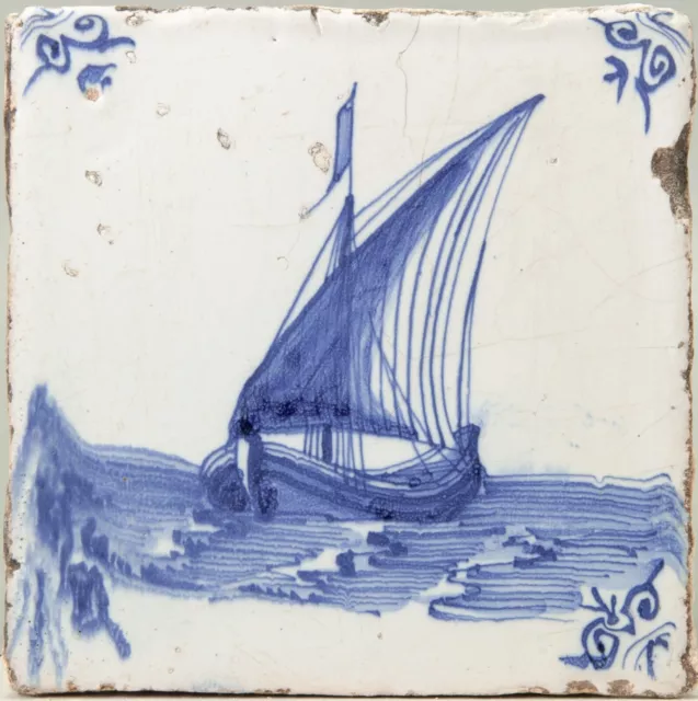 Nice Dutch Delft Blue tile, sailboat, mid 17th. century.