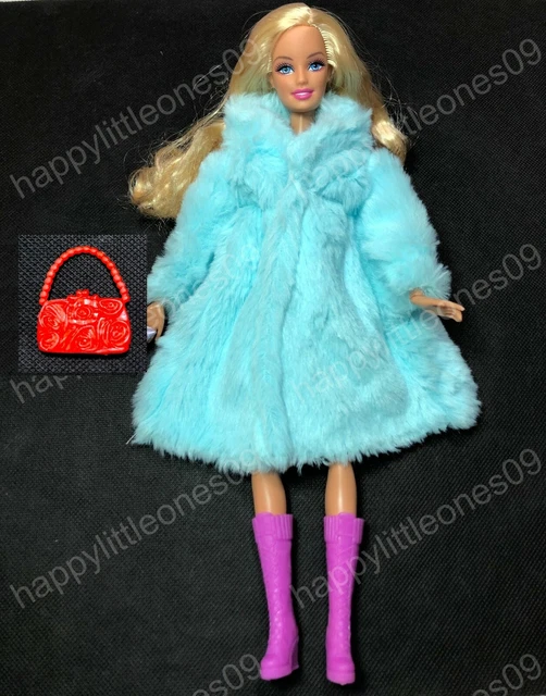 3pc set Barbie Doll Blue Fur Coat Outfit Clothes Jacket&Boots&Handbag Winter New