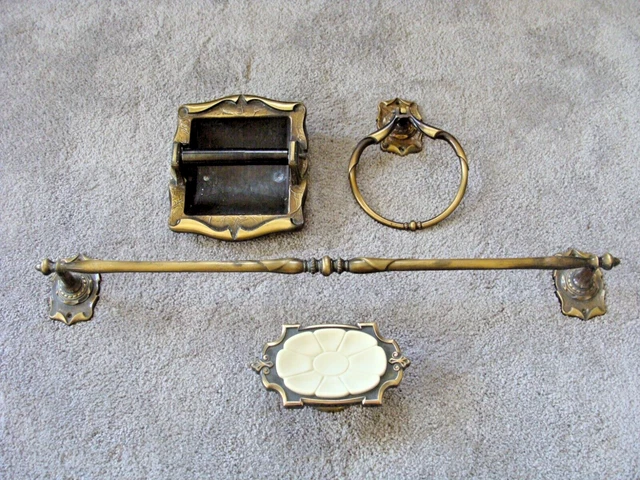 Amerock Carriage House LOT Antique Brass Tone Towel Bars, Ring, TP Holder, Soap