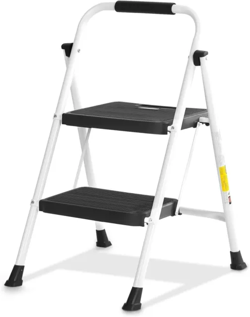 Steel Folding 2-Step Stool Ladder Adults With Soft-Grip Handle 330 Lbs White