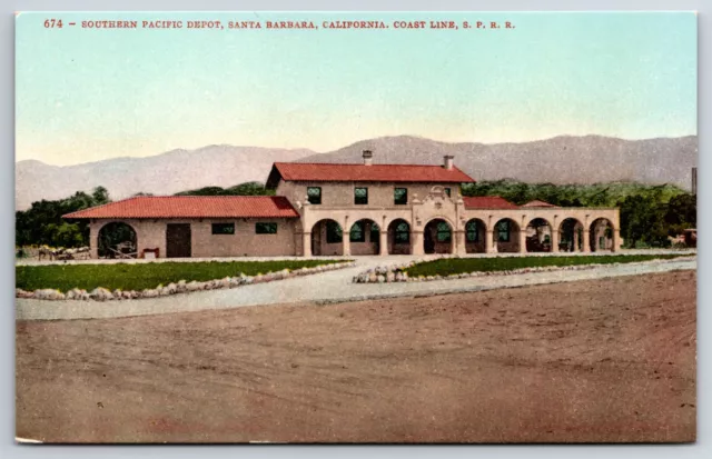 Southern Pacific Depot Railroad Santa Barbara California CA Coast Line Postcard