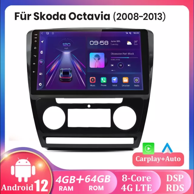 10" Android 12 Autoradio GPS Navi WIFI CarPlay 4G Für Skoda Octavia 2 2008-2013