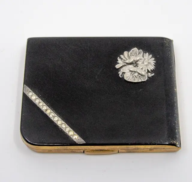 Vintage HANDLEY black compact mirror & powder with marcasite - Art Deco look
