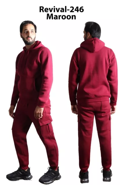 Men's Solid Pullover Cargo Pocket Jogger Sportswear Sweat Suit Small Upto 3Xl