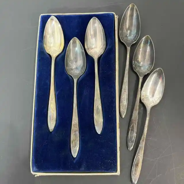 6 Community Plate Adam Etched Bowl Dessert Spoons Silverplate 1917 Rare Antique