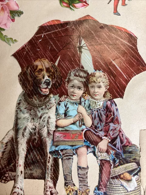 Página de libro de recortes troquelada de colección del siglo XIX con tarjetas victorianas y troquelados en ambos lados
