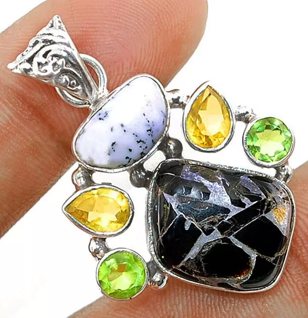 Silver Black Turquoise & Multi Gemstone 925 Sterling Silver Pendant, JH5-8