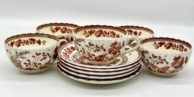 Set Of 5 Copeland Spode India Indian Tree Rust Cups & Saucers, Damaged