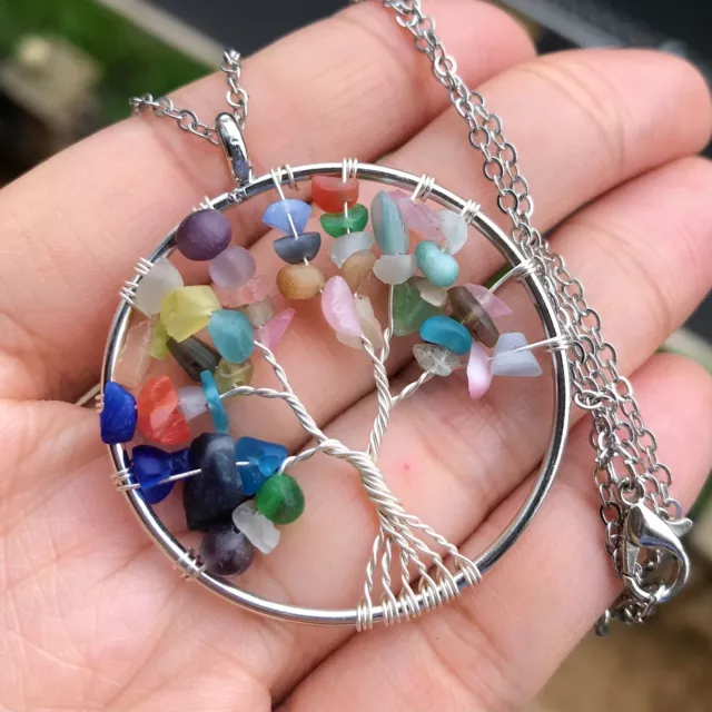 Natural Rainbow Cat Eye Gems Tree Of Life Necklace Chakra Reiki Healing Amulet