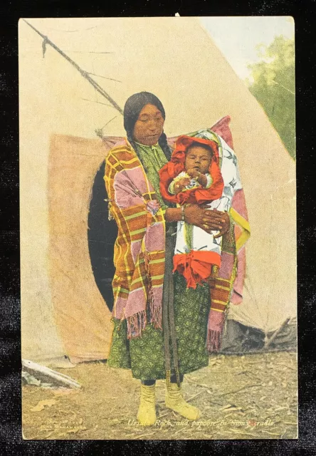 1909 Sioux Woman Squaw & Baby Papoose Native American Indian Antique Post Card