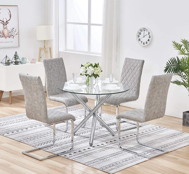 NOVA CLEAR ROUND Glass Dining Table Metal Leg Dining Room Chrome Cafe
