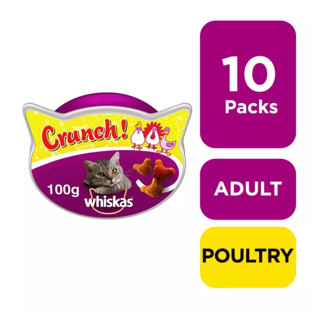 10 x 100g Whiskas Crunch Tasty Topping Cat Treats Chicken Turkey & Duck 1kg