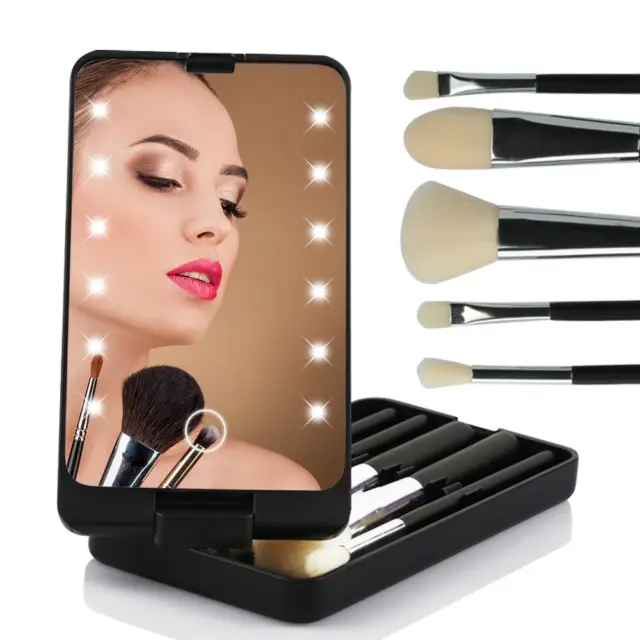 Compact LED Cosmetic Make-Up Vanity Mirror - with Brush Holder, Brushes Included