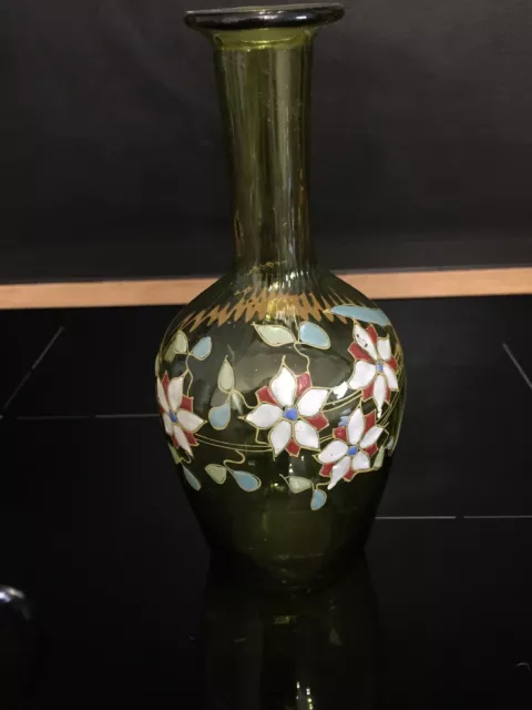 LEGRAS CARAFE  PICHET VASE ART NOUVEAU Verre Vert Émaillé Fleurs Champêtres