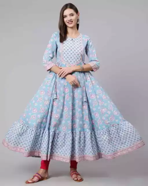 Indian Women Leaf Print Flared Cotton Blue Kurta Dress Top Tunic Pakistani