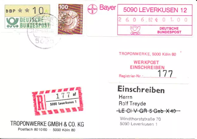 SONDER- R-Zettel, 5090 LEVERKUSEN 12, Bayer, Werkpost Tropowerke Köln 1982