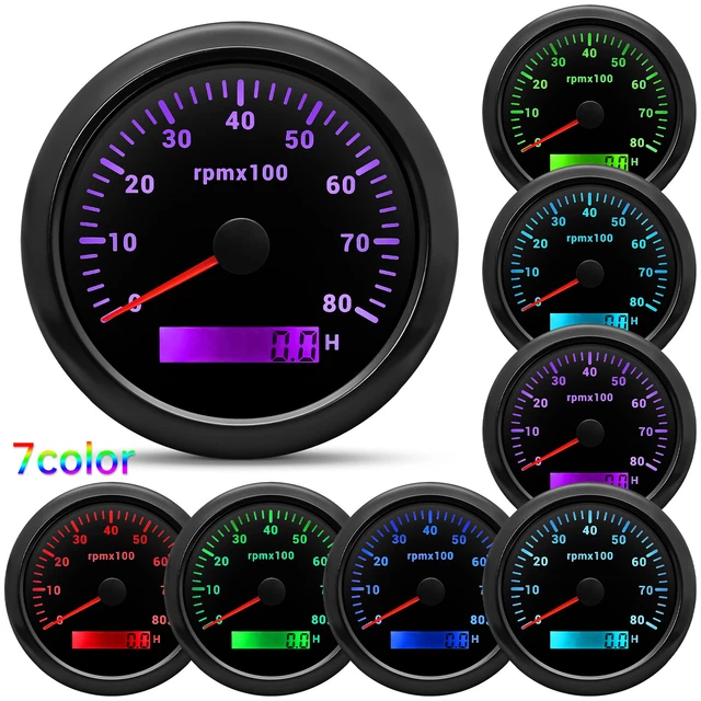 85mm Boat Tachometer Gauge 0-8000RPM 7 Colors LED Hourmeter For Marine Car Truck