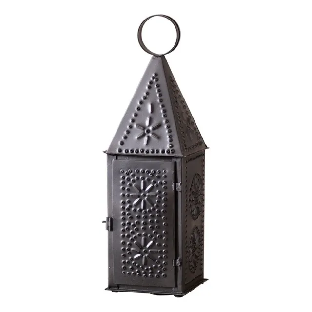 Primitive Steeple Lantern - Punched Tin, Smokey Black