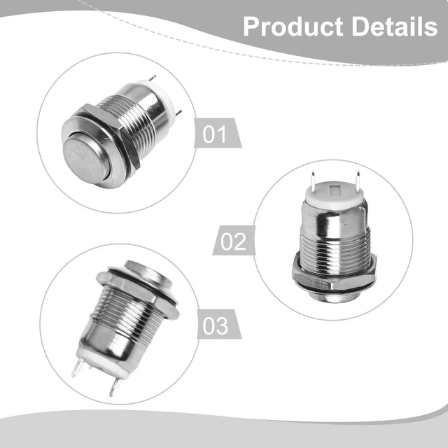 Lot De 10 Interrupteurs Bouton-poussoir Momentané 12mm - 2 Broches, étanche, Métal - SPST, 3A/250V