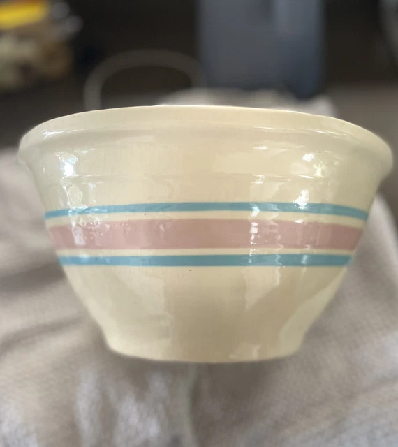 MCCOY POTTERY 10& Mixing Bowl Blue Pink Banded Stripes Oven Ware 10