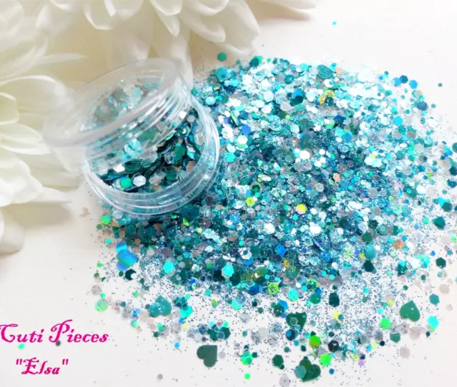Nail Art Glitter Princess *Elsa* Turquoise Holographic Hexagons Chunky Mix Pot