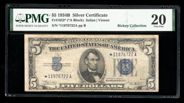 DBR 1934-B $5 Silver STAR Fr. 1652* Vinson PMG VF-20 Serial *11976722A