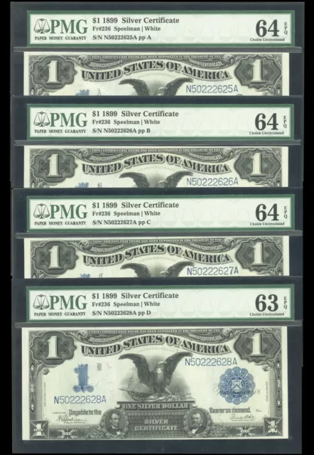 1899 $1 Silver Certificate FR 236 Black Eagle 4 Consecutive set PMG CU