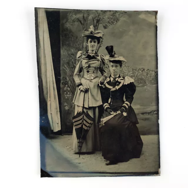Hand Fan Parasol Ladies Tintype c1870 Antique 1/6 Plate Young Women Photo D938