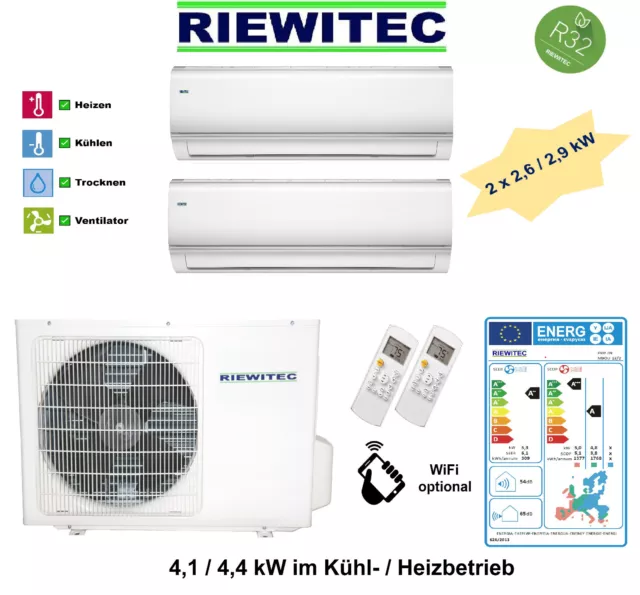 Dual MultiSplit Klimaanlage Wärmepumpe (2 x 2,6 KW)  4,1 / 4,4 KW, A+/A, m. R32