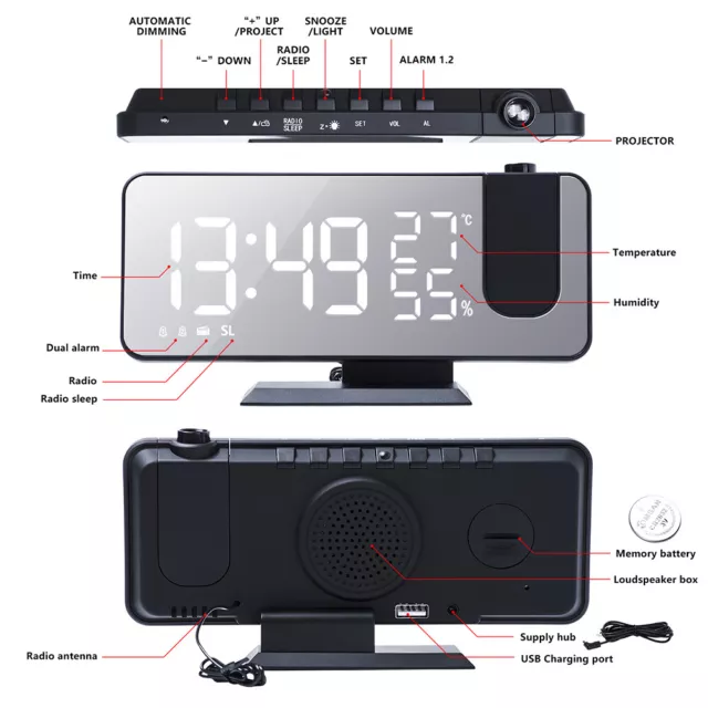 Radio FM numérique Réveil à projection Smart LED Montre de bureau électrique (A)