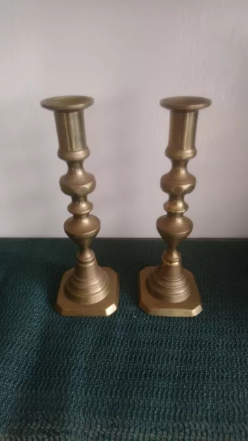 PAIR OF ANTIQUE 19th CENTURY SOLID BRASS CANDLESTICKS ENGLISH IN VGC. 9" TALL.