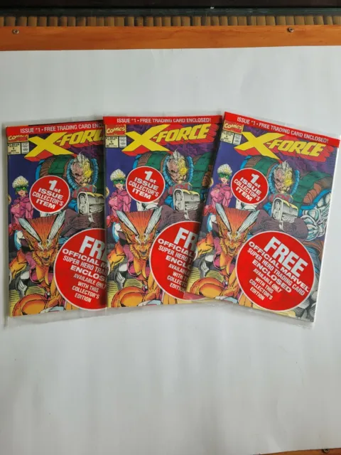Lot of 3 X-FORCE #1 Comic Books w  trading cards Deadpool Cable Sealed