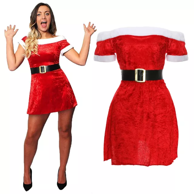 Ladies Velour Miss Santa Dress Velour Mrs Claus Christmas Adult Xmas Fancy Dress