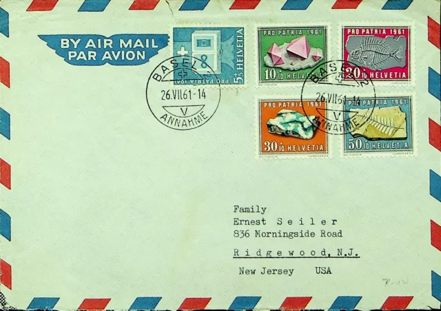 SWITZERLAND 1961 PRO PATRIA 5v ON AIRMAIL COVER FROM BASEL TO NJ ISA