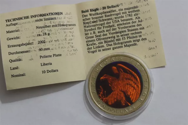 🧭 🇱🇷 Liberia 10 Dollars 2002 Bald Eagle Hologram Coin B68 #218