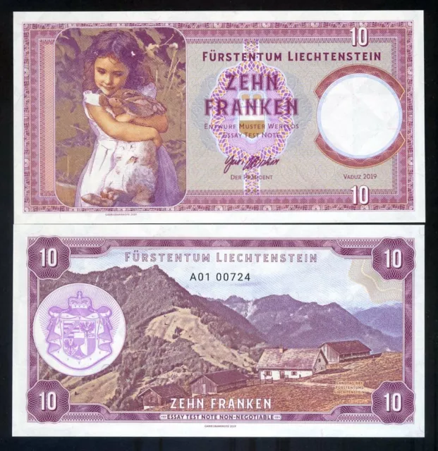 Liechtenstein, 10 Francs, 2019, Private issue, Specimen - Girl with a Pet Rabbit