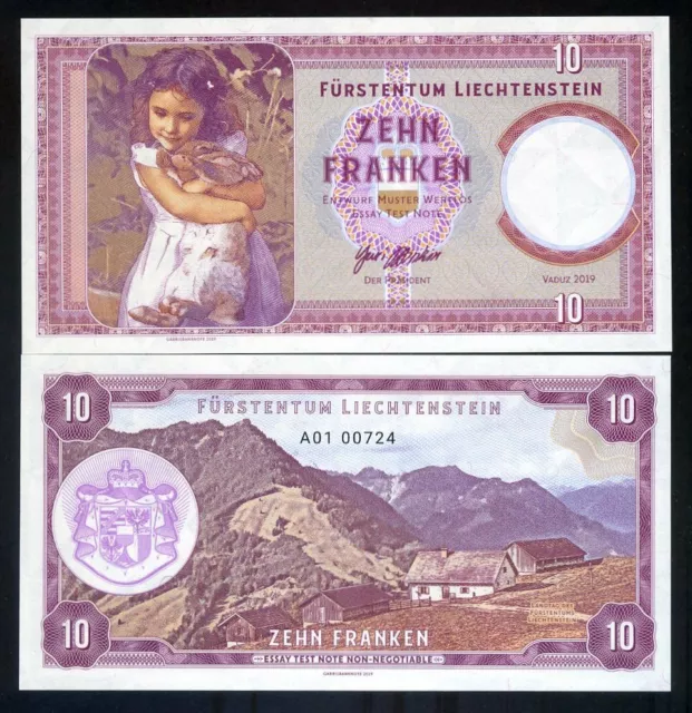 Liechtenstein, 10 francs, 2019, numéro privé, spécimen - fille avec un lapin animal de compagnie