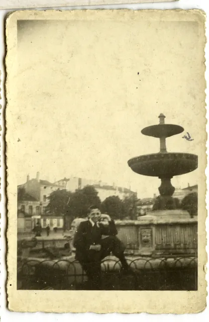 Young Man Sitting Fountain Nancy Place Carnot - Antique Snapshot Photo Year 1930