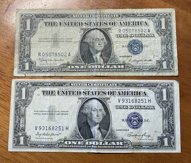 1935 E Series One Dollar Silver Certificate Note & 1957 B $1
