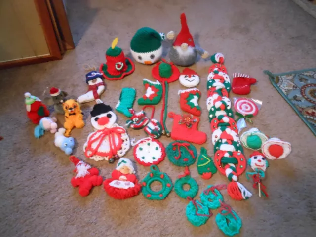 Vtg Lot Of 27 Knit Crochet Handmade Christmas Ornaments, 5 Pom Pom Animals