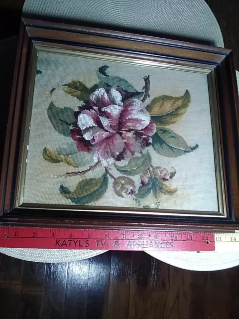 Antique Glass Beaded Needlepoint Embroidery Rose Flower Cherry Wood Frame 12x10