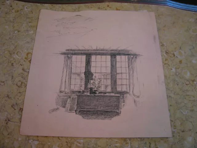 Vintage Antique Early 20th Century Edward Comly Trego Drawing of Desk & Windows