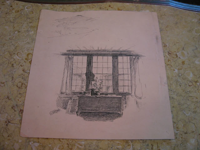 Vintage Antique Early 20th Century Edward Comly Trego Drawing of Desk & Windows