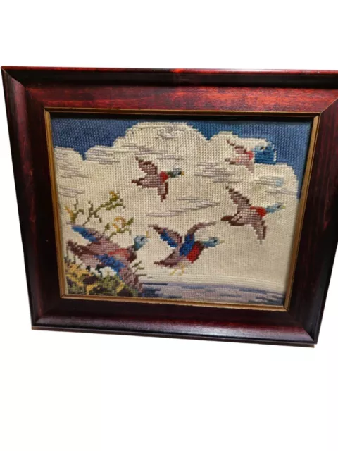 Vintage Handmade Framed Needlepoint Picture Mallard Ducks With the Clouds