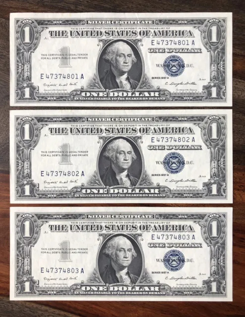 3 Crisp Consecutive $1 Silver Certificates 1957 A Notes / Blue Seal / One Dollar