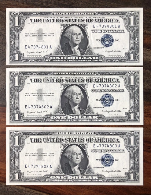 3 Crisp Consecutive $1 Silver Certificates 1957 A Notes / Blue Seal / One Dollar