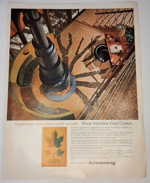 1965 Armstrong Vintage Print Ad Vinyl Flooring MCM Study Fireplace Balcony Rail