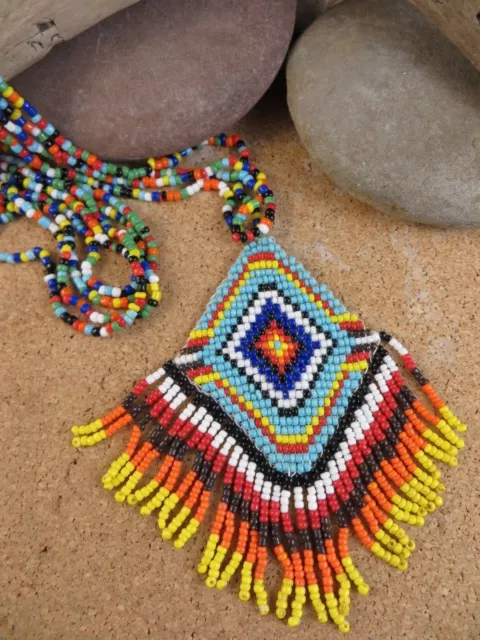 Large Vintage Native American Bright Multi-color Beaded Necklace NA202